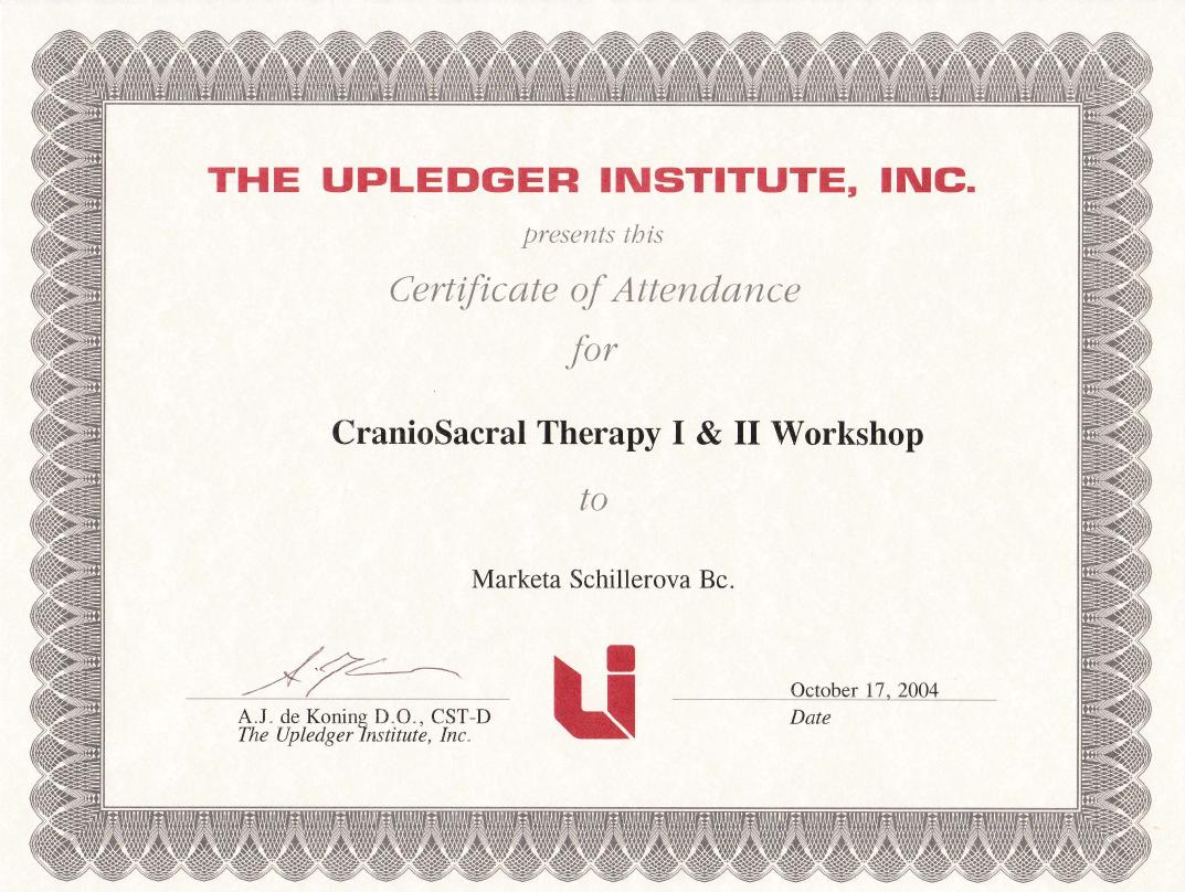 Certificate of Atendance for CranioSacral Therapy I & II Workshop